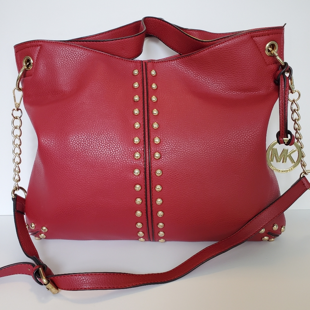 Michael Kors Red Leather Studded Slouch Bag